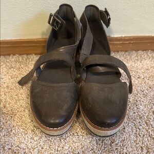 Black Wedge Shoes with Ankle Strap and Rounded Toe